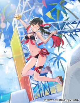 1girl beach bikini bird black_bikini blue_sky brown_sandals closed_mouth cloud colored_inner_hair copyright_notice cropped_jacket highres jacket looking_at_viewer medium_hair multicolored_hair official_art one_eye_closed red_hair sand sandals scrunchie sky smile solo swimsuit thigh_strap white_jacket wixoss yellow_scrunchie yuko_(uc_yuk) yuzuki_(wixoss)