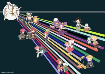 5girls 6+boys arceus barefoot barry_(pokemon) bastiodon belt black_hair blonde_hair blue_jacket blunt_bangs bodysuit boots brown_footwear brown_hair brown_pants brown_shorts byron_(pokemon) candice_(pokemon) cape chibi chimchar clothes_around_waist commentary_request cranidos crasher_wake dawn_(pokemon) dress drifblim fantina_(pokemon) floatzel gardenia_(pokemon) gen_1_pokemon gen_4_pokemon green_footwear green_scarf helmet jacket kicking leg_up legendary_pokemon long_sleeves lucario lucas_(pokemon) maylene_(pokemon) memi_(gamemix) multicolored_hair multiple_boys multiple_girls mythical_pokemon nintendo open_clothes open_jacket pants pikachu pink_hair piplup pokemon pokemon_(creature) pokemon_dppt pokemon_platinum purple_dress purple_hair quad_tails raichu roark_(pokemon) roserade scarf shirt shoes short_hair shorts sitting snover socks spiked_hair standing striped_clothes striped_jacket striped_legwear striped_socks topless_male two-tone_hair volkner_(pokemon) white_shirt wrench