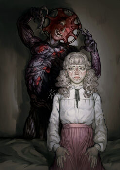 2girls black_ribbon brown_hair closed_mouth commentary dysmorphia_(fear_&amp;_hunger) english_commentary face_piercing facial_mark fear_&amp;_hunger_(series) fear_&amp;_hunger_2:_termina frilled_shirt_collar frills hands_on_lap highres kaeliosis lips long_hair marina_(fear_&amp;_hunger) mouth_piercing multiple_girls neck_ribbon piercing pink_skirt ribbon shirt shirt_tucked_in sitting skirt white_shirt