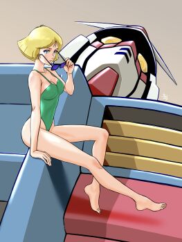 1980s_(style) 1girl absurdres aobito_sukoyaka_bystander arm_at_side arm_support barefoot blonde_hair blue_eyes blunt_ends blush bob_cut breasts breasts_apart brown_background casual_one-piece_swimsuit cleavage closed_mouth collarbone commentary_request covered_erect_nipples dorsiflexion feet from_below from_side full_body green_one-piece_swimsuit gundam hand_up highleg highleg_one-piece_swimsuit highres holding holding_removed_eyewear legs light_blush long_legs looking_at_viewer mecha medium_breasts mobile_suit mobile_suit_gundam oldschool one-piece_swimsuit parted_bangs retro_artstyle robot rx-78-2_gundam sayla_mass science_fiction shadow short_hair sideboob sideways_glance signature sitting strap_gap sunglasses swept_bangs swimsuit tinted_eyewear tiptoes toes unworn_eyewear v-fin yellow_eyes