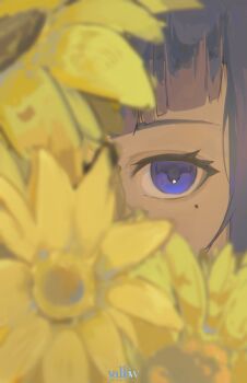 1girl absurdres artist_name commentary english_commentary eye_focus flower guilline_(yyalloww) highres looking_at_viewer making-of_available mole mole_under_eye original purple_eyes purple_hair solo yellow_flower yyalloww