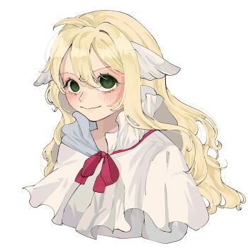 1girl blonde_hair blush capelet commentary dress eyelashes fairy_tail green_eyes hair_between_eyes highres long_hair mavis_vermilion neck_ribbon pink_ribbon ribbon sidelocks simple_background smile solo u_mi031 white_background white_capelet white_dress white_wings wings