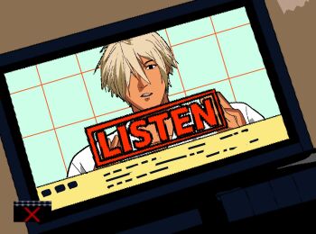 1990s_(style) 1boy ace_attorney aged_down alternate_hairstyle amikoiiko apollo_justice:_ace_attorney blonde_hair collared_shirt computer cosplay dark-skinned_male dark_hunter_(game) dark_skin earrings english_text fake_screenshot grid_background hair_over_one_eye hands_up highres jaggy_lines jewelry kamijo_atsushi_(style) klavier_gavin laptop male_focus mashimo_ran mashimo_ran_(cosplay) mismatched_eyebrows monitor portrait retro_artstyle school_uniform shirt short_hair white_shirt