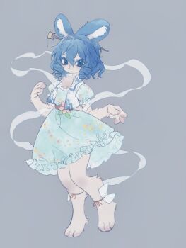 1girl 80isiiii animal_ear_fluff animal_ears blue_dress blue_hair closed_mouth dress drill_hair drill_sidelocks full_body furrification furry furry_female grey_background grey_fur hagoromo hair_ornament hair_stick highres kaku_seiga looking_at_viewer open_clothes open_vest puffy_short_sleeves puffy_sleeves rabbit_ears rabbit_girl shawl short_sleeves sidelocks simple_background smile solo touhou vest white_shawl white_vest