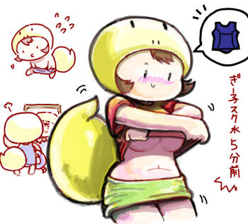 1girl animal_hood black_eyes blue_one-piece_swimsuit blue_school_swimsuit blush breasts brown_hair changing_clothes chibi clothes_lift flying_sweatdrops geecko! geecko-chan green_skirt holding holding_swim_ring hood innertube large_breasts lizard_hood lizard_tail looking_down mirror multiple_views navel one-piece_swimsuit puff_of_air red_shirt removing_shirt reptile_girl school_swimsuit shirt shirt_lift short_hair short_sleeves skirt smile speech_bubble spoken_object standing sukaponta swim_ring swimsuit tail topless_female undressing white_background yellow_hood