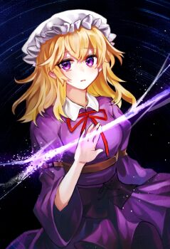 1girl arm_belt arm_up bad_id bad_pixiv_id belt blonde_hair blue_background corset cowboy_shot dress female_focus gap_(touhou) gradient_background hair_between_eyes hat head_tilt light_particles looking_at_viewer maribel_hearn medium_hair mob_cap neck_ribbon open_hand parted_lips purple_dress purple_eyes red_ribbon ribbon solo sonak standing star_trail touhou white_hat