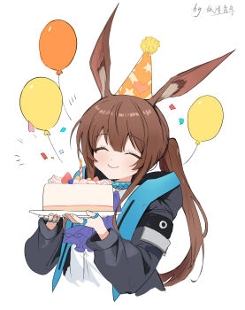 1girl absurdres amiya_(arknights) animal_ears arknights artist_name azurebird balloon black_jacket cake closed_mouth food hair_between_eyes hat highres holding holding_cake holding_food infection_monitor_(arknights) jacket jewelry multiple_rings open_clothes open_jacket party_hat rabbit_ears ring simple_background smile solo upper_body white_background