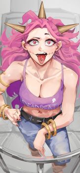 Rule 34 | 1girl, absurdres, belt, black belt, blue pants, boots, bracelet, breasts, brown boots, cleavage, hairband, hand on own hip, highres, hololive, hololive english, jewelry, large breasts, let's just crash (gachiakuta), long hair, looking at viewer, mori calliope, navel, open mouth, pants, piercing, pink eyes, pink hair, purple tank top, red nails, rikuje, solo, spiked hairband, spikes, stitched face, stitches, tank top, tongue, tongue out, tongue piercing, virtual youtuber