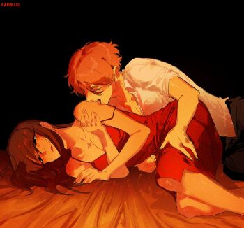 1boy 1girl biting brown_hair claire_(par0llel) closed_eyes collared_shirt crossed_arms curled_up dress elliot_(par0llel) feet_out_of_frame hand_on_another&#039;s_leg hand_on_another&#039;s_waist hetero highres long_hair long_sidelocks lying on_side original par0llel red_dress sexually_suggestive shirt short_hair sidelocks spaghetti_strap strap_slip white_shirt