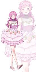 Rule 34 | absurdres, alternate costume, alternate hairstyle, bare shoulders, blush, breasts, dress, flower, frills, full body, hair ornament, hairclip, high heels, highres, long hair, ootori emu, open mouth, pink hair, project sekai, rose, shoes, sleeveless, smile, ssiiiiiik, standing, white background, white flower