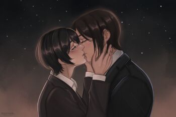 1boy 1girl black_hair black_jacket brown_hair brown_jacket closed_eyes collared_shirt commentary couple english_commentary eren_yeager facial_scar hair_between_eyes hands_on_another's_cheeks hands_on_another's_face hetero highres jacket kiss maye mikasa_ackerman parted_bangs scar scar_on_cheek scar_on_face shingeki_no_kyojin shirt short_hair suit_jacket twitter_username upper_body white_shirt