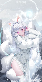 1girl absurdres animal_ear_fluff animal_ears blunt_bangs blush breasts chima_(clothes) closed_mouth commentary_request energy fingernails grey_sky hair_intakes hanbok hands_in_own_hair hands_up head_tilt highres ine_(vtuber) korean_clothes korean_commentary korean_text large_breasts light_trail long_fingernails long_skirt long_sleeves looking_at_viewer mountainous_horizon multiple_tails nail_polish outdoors purple_eyes purple_nails side_slit sidelocks skirt sky sleeves_past_wrists smile snow snowing solo standing striped_clothes tail thighhighs thighs vertical-striped_clothes virtual_youtuber waktaverse white_hair white_hanbok white_thighhighs yeon_do_e
