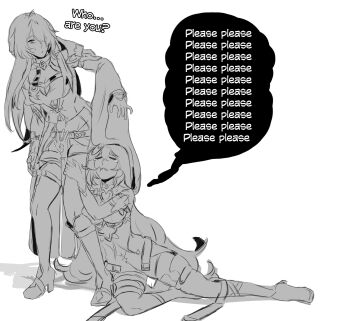 2girls absurdres acheron_(honkai:_star_rail) bare_shoulders black_swan_(honkai:_star_rail) blush breasts cleavage dress english_text gloves highres honkai:_star_rail honkai_(series) large_breasts long_hair multiple_girls open_mouth sketch speech_bubble very_long_hair yuri zanqi