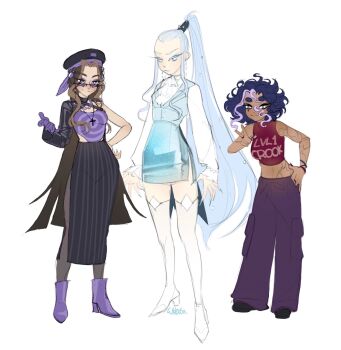 3girls alternate_skin_color ascot baggy_pants bare_shoulders beret black_eyeshadow black_hat black_nails black_shoes black_shrug blue_dress blue_eyes blue_eyeshadow blue_hair blue_lips blue_nails blue_skirt blunt_ends boots bracelet bright_pupils brown_eyes brown_hair buttons chain chain_necklace closed_mouth clothes_writing coattails collared_dress commentary cracked_skin cropped_shirt cross cross_necklace darcy_(winx_club) dark-skinned_female dark_skin denim dress english_commentary expressionless eyeshadow fingernails forehead full_body glitter gloves grey_eyes grey_pantyhose hair_between_eyes hand_on_own_hip happy hat height_difference high-waist_skirt high_heel_boots high_heels high_ponytail highres icy_(winx_club) jeans jewelry lapels light_frown lipstick long_hair long_skirt long_sleeves looking_at_viewer makeup messy_hair midriff mole mole_on_cheek mole_under_eye multicolored_hair multiple_girls multiple_rings nail_polish necklace notched_lapels outstretched_hand pale_skin pants pantyhose pencil_skirt pinafore_dress pink_shirt pocket ponytail puffy_long_sleeves puffy_sleeves purple-tinted_eyewear purple_boots purple_eyes purple_gloves purple_hair purple_pants purple_tank_top ring see-through_clothes see-through_footwear sharp_fingernails shirt shoes short_dress shrug_(clothing) side_slit sidelocks signature simple_background single_bare_arm single_bare_shoulder single_glove single_sleeve skirt sleeveless sleeveless_dress sleeveless_shirt sleeves_past_wrists spiral_print standing stormy_(winx_club) straight_hair streaked_hair striped_clothes striped_skirt sunglasses tank_top thigh_boots tinted_eyewear triangular_eyewear turtleneck_shrug two-tone_hair v vertical-striped_clothes vertical-striped_skirt very_long_hair wavy_hair white_ascot white_background white_boots white_hair white_pupils white_shirt wikate winx_club