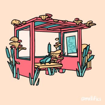 alt_text animal artist_name bench bus_stop bus_stop_shelter cattail commentary english_commentary frog fungi grass limited_palette map mellific no_humans original oyster_mushroom picrew_(medium) plant river scenery sign simple_background sitting trash_can warm_colored window yellow_background