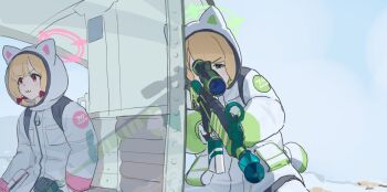 2girls :3 aiming aircraft alternate_costume animal_ear_hood animal_ears assault_rifle blonde_hair blue_archive blue_sky clich51368861 closed_mouth coat commentary_request day fake_animal_ears green_eyes gun halo helicopter holding holding_gun holding_weapon hood hood_up long_sleeves matching_outfits midori_(battlesuit)_(blue_archive) midori_(blue_archive) momoi_(battlesuit)_(blue_archive) momoi_(blue_archive) multiple_girls on_helicopter outdoors parody red_eyes reflection rifle scene_reference short_hair siblings sisters sky the_thing upper_body weapon white_coat window