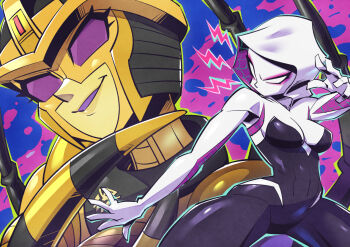 2girls animification beast_wars beast_wars:_transformers blackarachnia bodysuit breasts crossover gwen_stacy head_tilt hood hooded_bodysuit marvel mask mecha medium_breasts multiple_girls open_hands predacon purple_eyes purple_lips robot smile spider-gwen spider-man_(series) sunafuki_tabito superhero_costume trait_connection transformers v-shaped_eyes