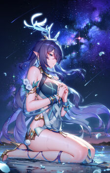 1girl antlers aqua_dress aqua_eyes armlet artist_name bare_legs bare_shoulders blue_hair bracelet breasts chinese_commentary cleavage commentary_request dress earrings genshin_impact hair_intakes high_heels highres horns jewelry kneeling kneeling_female large_breasts lauma_(genshin_impact) lightria night night_sky outdoors own_hands_together pointy_ears pom_pom_(clothes) seiza shooting_star sidelocks sitting sky solo thighs water