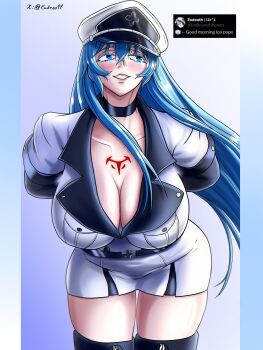 1girl absurdres akame_ga_kill! arms_behind_back belt black_belt black_choker blue_background blue_border blue_eyes blue_hair border breasts chest_tattoo choker cleavage commentary cowboy_shot cross-shaped_buckle crossed_bangs double-parted_bangs english_commentary esdeath esdesu17 floating_hair gradient_background hair_between_eyes hat highres large_breasts leaning_forward long_hair looking_at_viewer looking_to_the_side military military_hat military_uniform parted_lips peaked_cap pillarboxed pink_lips screenshot_inset smile solo tattoo twitter_username upper_body very_long_hair