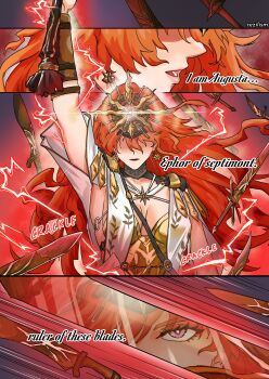 1girl absurdres arm_armor armor augusta_(wuthering_waves) black_collar breastplate breasts collar commentary earrings electricity english_commentary english_text floating floating_object floating_sword floating_weapon hair_between_eyes highres jewelry long_hair looking_at_viewer medium_breasts multiple_swords orange_hair parted_lips red_eyes rezilism sun_earrings sun_necklace sword weapon wuthering_waves