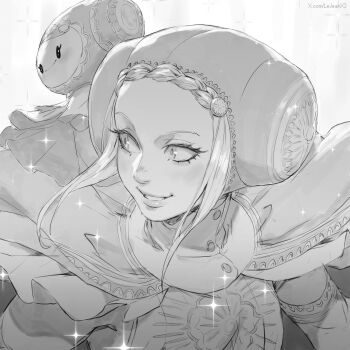1girl braid braided_bangs character_doll commentary doll english_commentary escoffion floating_hair greyscale grin ingrid_(capcom) looking_to_the_side monochrome monoid_(street_fighter) portrait rejean_dubois sidelocks simple_background smile solo sparkle street_fighter street_fighter_6 white_background