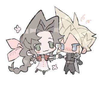 1boy 1girl :3 armor bangle black_gloves black_pants blonde_hair blue_eyes blush boots bracelet braid braided_ponytail brown_hair buster_sword chibi chibi_only choker couple dress ear_blush final_fantasy final_fantasy_vii final_fantasy_vii_remake gloves green_eyes hair_ribbon hetero holding_hands jacket jewelry long_hair mmmckayyy pants parted_bangs pauldrons pink_dress pink_ribbon red_jacket ribbon ribbon_choker short_hair shoulder_armor sidelocks single_braid single_pauldron sleeveless sleeveless_turtleneck spiked_hair suspenders sword sword_on_back turtleneck weapon weapon_on_back white_background