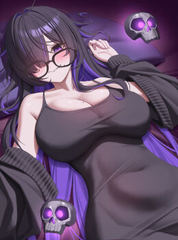 1girl absurdres bags_under_eyes black_cardigan black_dress black_hair blush breasts cardigan cleavage colored_inner_hair commentary covered_navel doenji_(auto7233) dress goddess_of_victory:_nikke hair_over_one_eye highres label_(nikke) large_breasts long_hair looking_at_viewer lying mole mole_on_breast multicolored_hair on_back one_eye_covered open_cardigan open_clothes purple_eyes purple_hair sleeveless sleeveless_dress solo two-tone_hair very_long_hair