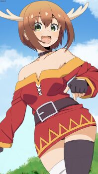 1girl :3 :d antlers artist_name bambi2000line bandaged_leg bandages bare_shoulders belt black_gloves black_thighhighs blue_sky breasts brown_hair cloud collarbone commentary cosplay cowboy_shot deer_antlers deer_girl dress fingerless_gloves gloves grass green_eyes highres horns kono_subarashii_sekai_ni_shukufuku_wo! looking_at_viewer medium_breasts megumin megumin_(cosplay) open_mouth outdoors red_dress shikanoko_noko shikanoko_nokonoko_koshitantan short_hair single_thighhigh sky smile solo standing strapless strapless_dress thighhighs thighs