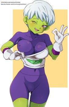 1girl absurdres animanghayo artist_name bodysuit breasts cameltoe cheelai clip_studio_paint_(medium) colored_skin commentary covered_erect_nipples covered_navel dragon_ball dragon_ball_super dragon_ball_super_broly english_commentary eyelashes furrowed_brow gloves gluteal_fold green_skin hand_up highres large_breasts looking_at_viewer ok_sign one_eye_closed patreon_logo patreon_username pink_eyes pixie_cut purple_bodysuit purple_eyes short_hair simple_background subscribestar_logo subscribestar_username watermark web_address white_gloves white_hair yellow_background