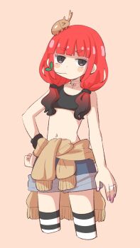 Rule 34 | 1girl, animal, animal on head, bare arms, bare shoulders, black eyes, black hair, blue shorts, blush stickers, brown background, closed mouth, clothes around waist, collarbone, commentary, copyright request, crop top, cropped legs, denim, denim shorts, gradient hair, hair over shoulder, hand on own hip, highres, jewelry, long hair, looking at viewer, low twintails, mouth hold, multicolored hair, naegi (naegidokoro), nail polish, navel, on head, purple nails, red hair, rhinoceros beetle, ring, short shorts, shorts, simple background, solo, stalk in mouth, striped clothes, striped thighhighs, thighhighs, twintails