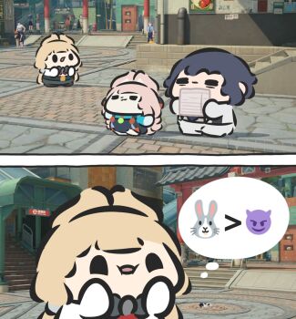 1boy 2girls alice_thymefield animal_ears bow chibi chibi_only closed_eyes closed_mouth commentary english_commentary game_screenshot_background highres holding holding_paper long_hair looking_at_viewer mihoyo multiple_girls open_mouth paper pink_hair rabbit_ears screenshot_background shirt smile speech_bubble superappleman zenless_zone_zero zhao_(zenless_zone_zero)