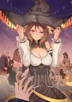 6+girls a_deer_of_nine_colors alternate_costume animal_ears antlers arknights bandages bare_shoulders basket black_hair black_headwear black_skirt blue_hair blush breasts brown_hair character_request cleavage closed_mouth corset cowboy_shot detached_sleeves dragon_horns dusk_(arknights) elbow_carry eyjafjalla_(arknights) fox_ears frilled_sleeves frills gradient_sky grey_hair halloween hands_on_headwear hat highres holding holding_basket horns ifrit_(arknights) irene_(arknights) jack-o'-lantern lantern large_breasts ling_(arknights) long_hair long_sleeves looking_at_viewer multiple_girls naked_bandage nian_(arknights) nine-colored_deer ningre_huahe outdoors outstretched_arm pink_sky pov rabbit_ears red_eyes sheep_horns skirt sky solo_focus specter_(arknights) specter_the_unchained_(arknights) suzuran_(arknights) w_(arknights) witch_hat