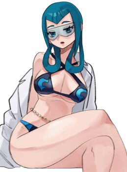 1girl 2025 absurdres ass bare_shoulders bikini black_bikini blue_trim breasts closed_mouth commentary criss-cross_halter crossed_legs english_commentary expressionless feet_out_of_frame female_focus halterneck highres lab_coat large_breasts looking_back mable_(pokemon) nintendo off_shoulder official_alternate_costume pokemon pokemon_legends:_z-a red_lips sitting solo swimsuit thick_thighs thighs undressing wanderjegson