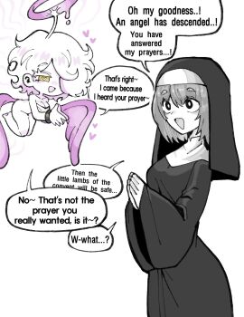 2girls :d angel_of_kiss_(oligogi_meoggosipda) black_dress black_eyes bound breasts bright_pupils commentary cowboy_shot dress english_text hair_over_one_eye halo heart highres long_sleeves looking_at_another medium_breasts multiple_girls nude nun oligogi_meoggosipda open_mouth original own_hands_together praying short_hair simple_background smile speech_bubble symbol-shaped_pupils traditional_nun white_background white_hair wide_sleeves wings yellow_eyes
