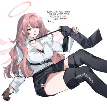 1girl 1other absurdres arknights belt black_belt black_bra black_gloves black_leg_warmers black_necktie boots bra breasts clothes_grab collarbone collared_shirt commentary detached_pants detached_wings disembodied_hand doctor_(arknights) energy_wings english_commentary english_text frilled_bra frills gloves half_gloves halo heart hetero highres holding_another&#039;s_wrist large_breasts leg_warmers lemuen_(arknights) lemuen_(elite_ii)_(arknights) long_hair long_sleeves looking_at_viewer necktie necktie_grab neckwear_grab open_mouth pink_eyes pink_hair shirt simple_background single_half_glove sitting smile talking thigh_boots thighhighs thighs traditional_halo underwear white_halo white_shirt wings yazu_(zoddiacz) zettai_ryouiki