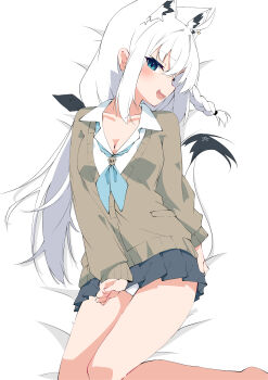 1girl :d absurdres animal_ears aqua_neckerchief blue_eyes blush braid breasts brown_cardigan cardigan cleavage collarbone commentary_request extra_ears fox_ears fox_girl fox_tail hair_between_eyes highres hololive long_hair long_sleeves looking_at_viewer neckerchief on_bed open_mouth panties pantyshot pleated_skirt school_uniform shirakami_fubuki shirayuki_(snow_link) shirt sideways_glance single_braid skirt smile solo tail underwear virtual_youtuber white_hair white_panties white_shirt