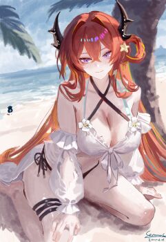 Rule 34 | 1girl, arknights, arm support, armpit crease, artist name, bare legs, bare shoulders, barefoot, beach, bikini, black bikini, blush, breasts, brown horns, cleavage, closed mouth, criss-cross halter, dated, day, demon horns, detached sleeves, flower, flower ornament, front-tie bikini top, front-tie top, full body, hair between eyes, hair intakes, hair ornament, halterneck, hand on own knee, highres, horns, large breasts, leaning forward, light smile, long hair, looking down, mismatched bikini, navel, ocean, official alternate costume, outdoors, palm tree, purple eyes, red hair, sand, sennsen, side-tie bikini bottom, sitting, solo, star (symbol), star hair ornament, surtr (arknights), surtr (colorful wonderland) (arknights), swimsuit, swimsuit cover-up, thigh strap, tree, very long hair, wariza, white bikini, white flower, white sleeves