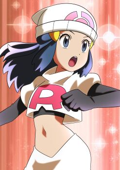 1girl absurdres beanie blue_eyes blue_hair cosplay crop_top dawn_(pokemon) elbow_gloves gloves hainchu hair_ornament hairclip hat highres jessie_(pokemon) jessie_(pokemon)_(cosplay) long_hair midriff narrow_waist nintendo open_mouth pokemon pokemon_(anime) pokemon_dppt_(anime) skirt solo team_rocket team_rocket_uniform upper_body white_crop_top white_hat white_skirt