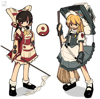 2girls adapted_costume controller duck_hunt dushiido famicom famicom_gamepad game_cartridge game_console game_controller hakurei_reimu highres kirisame_marisa mario_(series) multiple_girls nes nes_cartridge nes_gamepad nintendo power_glove_(nintendo) super_mario_bros._1 touhou