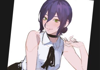 1girl black_choker black_ribbon chainsaw_man choker closed_mouth collared_shirt green_eyes grenade_pin hair_between_eyes hair_bun highres neck_ribbon purple_hair reze_(chainsaw_man) ribbon shirt sleeveless sleeveless_shirt solo thaumazo white_background white_shirt