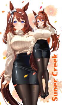 1girl absurdres alternate_costume animal_ears autumn_leaves black_pantyhose black_shoes black_skirt blue_eyes blush bow braid braided_bangs breasts brown_hair character_name closed_mouth commentary_request ear_bow falling_leaves floral_background full_body hair_between_eyes hand_up high_heels highres horse_ears horse_girl horse_tail large_breasts leaf long_hair long_sleeves looking_at_viewer multicolored_hair multiple_views narumi_yuzurai open_mouth pantyhose pencil_skirt ponytail ribbed_sweater shoes simple_background skirt smile streaked_hair super_creek_(umamusume) sweater tail teeth turtleneck turtleneck_sweater umamusume upper_teeth_only white_background white_bow white_streaks white_sweater