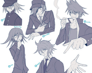 5boys amami_rantaro antenna_hair baseball_cap blazer buttons character_name cigarette closed_mouth collarbone collared_jacket collared_shirt constricted_pupils cowboy_shot crazy_smile cropped_torso danganronpa_(series) danganronpa_v3:_killing_harmony expressionless eyelashes facial_hair fingernails furrowed_brow gakuran goatee greyscale hair_between_eyes hair_over_one_eye hand_on_own_chin hat high_collar holding holding_cigarette holding_taser jacket k1-b0 lapels layered_sleeves light_frown long_hair_between_eyes long_sleeves looking_ahead male_focus messy_hair momota_kaito monochrome multiple_boys necktie nervous_smile notched_lapels official_alternate_costume oma_kokichi one_eye_covered open_clothes open_jacket open_shirt outstretched_arm parted_lips peaked_cap pectoral_cleavage pectorals pointing saihara_shuichi sakura_(fein5862817) school_uniform shirt short_hair simple_background smile smoke spiked_hair tank_top taser upper_body white_background