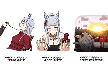 Rule 34 | 1other, 2girls, animal ears, armband, bare shoulders, black coat, black dress, black jacket, blunt bangs, blush, bow, bowtie, breasts, chair, cleavage, closed mouth, coat, collar, commentary, dress, ear ribbon, english commentary, english text, gold ship (la mode 564) (umamusume), gold ship (red strife) (umamusume), gold ship (umamusume), grey hair, highres, holding, holding hands, holding leash, horse ears, horse girl, jacket, jewelry, johnholl0w, large breasts, leash, long hair, looking at viewer, lying, mejiro mcqueen (umamusume), motion lines, multiple girls, multiple views, necklace, official alternate costume, official alternate hairstyle, on back, parted lips, ponytail, purple eyes, red bow, red bowtie, red dress, red shirt, shirt, sleeveless, sleeveless dress, smile, striped armband, striped clothes, sweat, tied to chair, umamusume