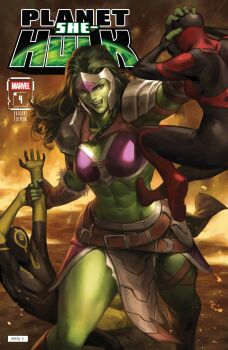 Rule 34 | 1boy, 2girls, :d, abs, absurdres, armor, bodysuit, bra, braid, breasts, brown gloves, character name, colored skin, comic cover, company name, copyright logo, copyright name, cover, cover page, ejikure, english text, faulds, fingerless gloves, forehead protector, gloves, grabbing another's head, green eyes, green hair, green skin, grey armor, highres, holding another's wrist, logo, long hair, marvel, medium breasts, multiple girls, muscular, muscular female, navel, official alternate costume, official art, open mouth, orange sky, pauldrons, purple bra, she-hulk, shoulder armor, size difference, sky, smile, thigh strap, underwear, white trim