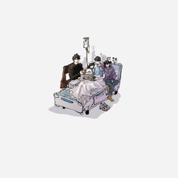 ... 2boys 2girls absurdres bed biyoo_(omniscient_reader's_viewpoint) black_coat black_hair chair coat computer elbow_on_another's_shoulder faceless full_body fur_jacket han_sooyoung highres hood hoodie hospital_bed hospital_gown intravenous_drip jacket kim_dokja laptop leaning_on_person lp_(sangkuranak) multiple_boys multiple_girls omniscient_reader's_viewpoint paper_stack personification purple_hoodie shadow short_hair sitting under_covers yoo_joonghyuk