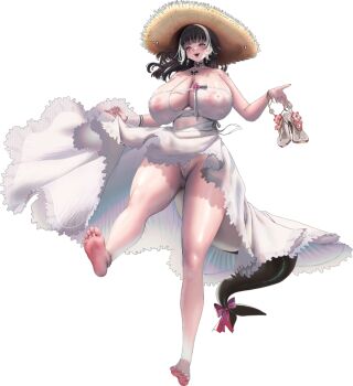 1girl alcyone_(last_origin) arenbee black_hair blue_eyes blush bow bracelet braid breasts cameltoe cetacean_tail choker cleavage curvy dress feet fins fish_tail full_body hair_ornament hat holding holding_sandals huge_breasts jewelry kicking last_origin long_hair multicolored_hair nipples nipples_visible_through_shirt official_art open_mouth orca_girl panties ribbon ring sandals see-through_clothes sky standing standing_on_one_leg star_(symbol) star_hair_ornament straw_hat sun_hat sundress tail tail_bow tail_ornament tail_ribbon thick_thighs thighs transparent_background twin_braids two-tone_hair underwear unworn_sandals upskirt white_dress white_hair white_panties wrist_cuffs