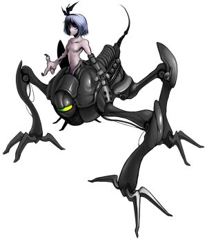 black_hairband blue_eyes body_horror breasts claws empty_eyes grey_hair hairband highres konpaku_youmu m.u.g.e.n mechanical_arms mechanical_legs mechanization multiple_legs myomega_(mugen) navel no_nipples omega_(final_fantasy) short_hair small_breasts small_hands spider-ma touhou