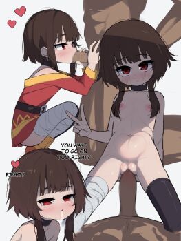 1boy 1girl after_fellatio age_difference arm_at_side asymmetrical_legwear bandaged_leg bandages bare_shoulders belt black_choker black_thighhighs blush boots brown_belt brown_hair censored choker close-up closed_mouth collarbone cum cum_in_mouth dako_o_(skwt4825) dark-skinned_male dark_skin dot_nose dress embarrassed english_text expressionless eyelashes feet_out_of_frame fellatio flat_chest from_side full_body grey_background hand_up handjob hetero highres interracial kneeling kono_subarashii_sekai_ni_shukufuku_wo! legs_apart loli looking_at_another looking_at_viewer looking_to_the_side megumin mosaic_censoring multiple_views navel nipples nude off-shoulder_dress off_shoulder open_mouth oral orange_boots penis profile pussy red_dress red_eyes sex short_hair_with_long_locks simple_background single_thighhigh size_difference squatting thighhighs two-tone_dress v vaginal very_dark_skin yellow_dress