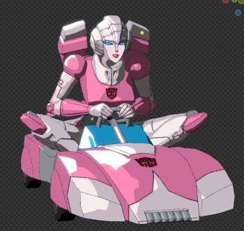 1girl 3d andypurro arcee autobot backpack bag blender_(medium) blue_eyes breasts go-kart helmet humanoid_robot medium_breasts red_lips robot robot_girl solo transformers transformers:_generation_1
