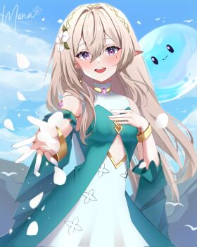 1girl aqua_dress bare_shoulders blue_sky breasts clothing_cutout commentary cowboy_shot double-parted_bangs dress english_commentary flower grey_hair hair_between_eyes hair_flower hair_ornament hand_on_own_chest highres long_hair looking_at_viewer mole mole_under_eye open_hand open_mouth original petals pointy_ears purple_eyes riria_mona1 sky slime_(creature) small_breasts smile solo stomach_cutout